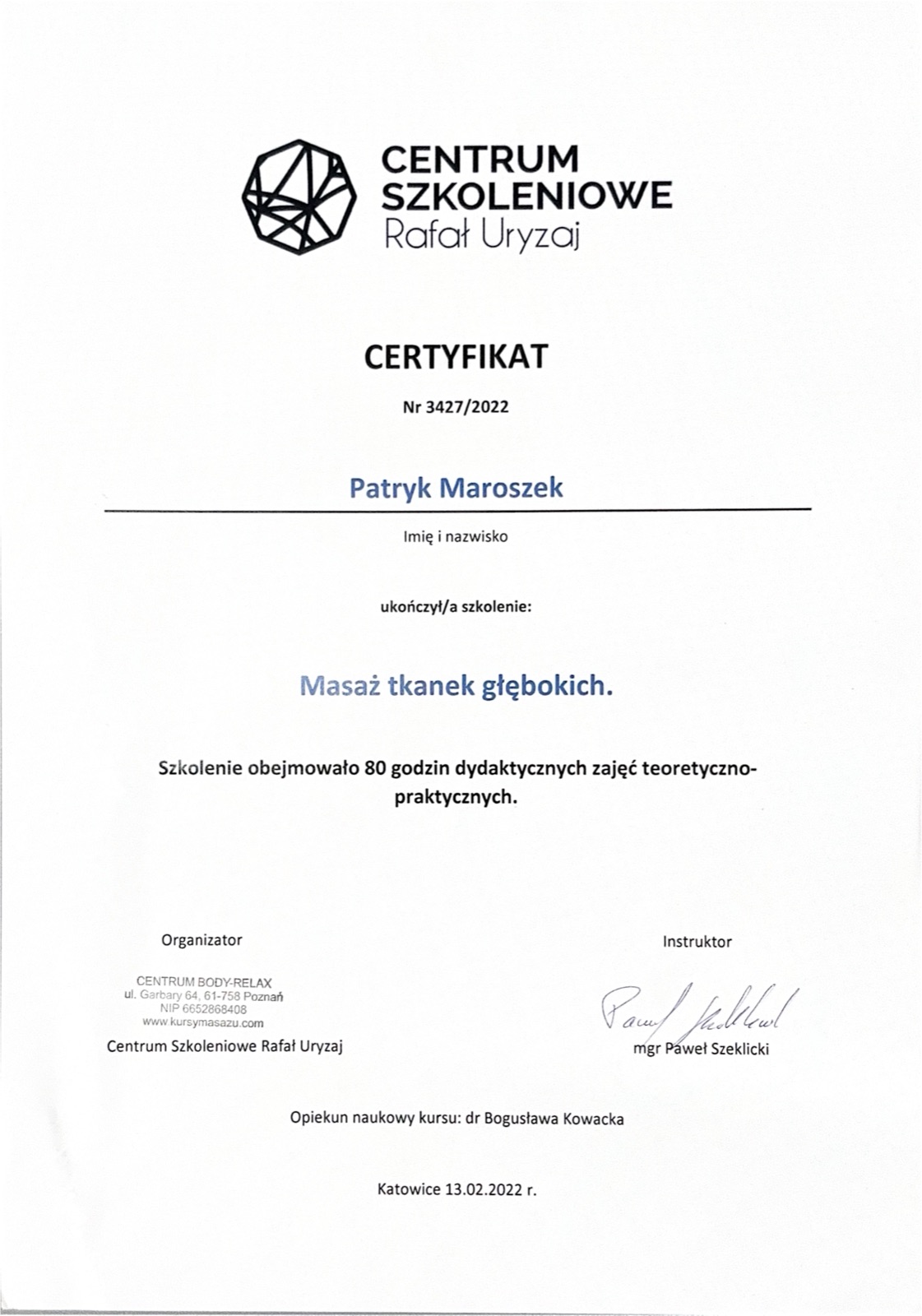 Certyfikat ukończenia kursu masażu tkanek głębokich – Patryk Maroszek