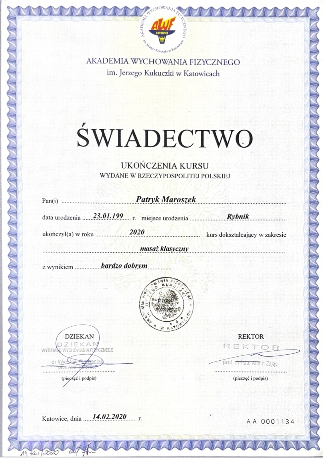 Świadectwo ukończenia kursu masażu klasycznego, AWF Katowice – Patryk Maroszek